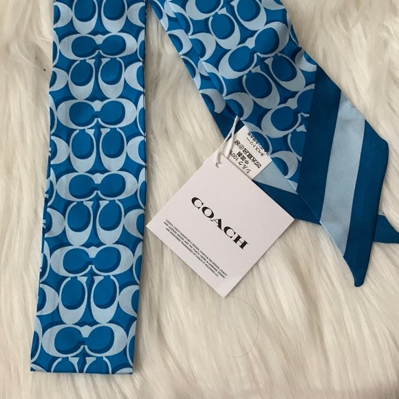 COACH Signature Print Silk Skinny Scarf Set in Electric Blue/Blue Green - Picture 3 of 5